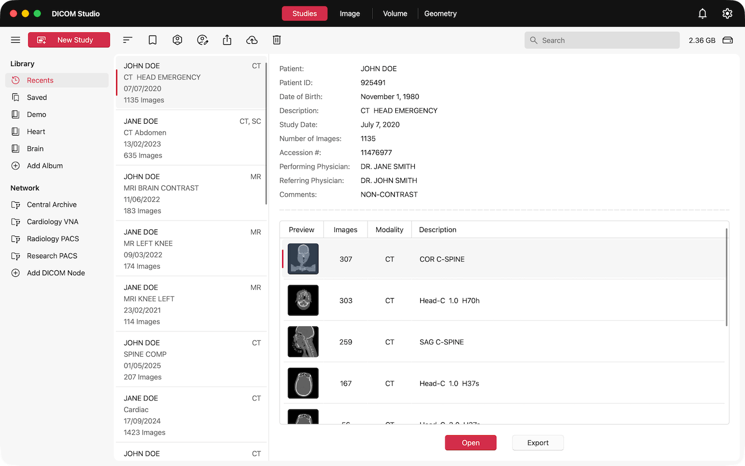 Studies Tab - Study Selected